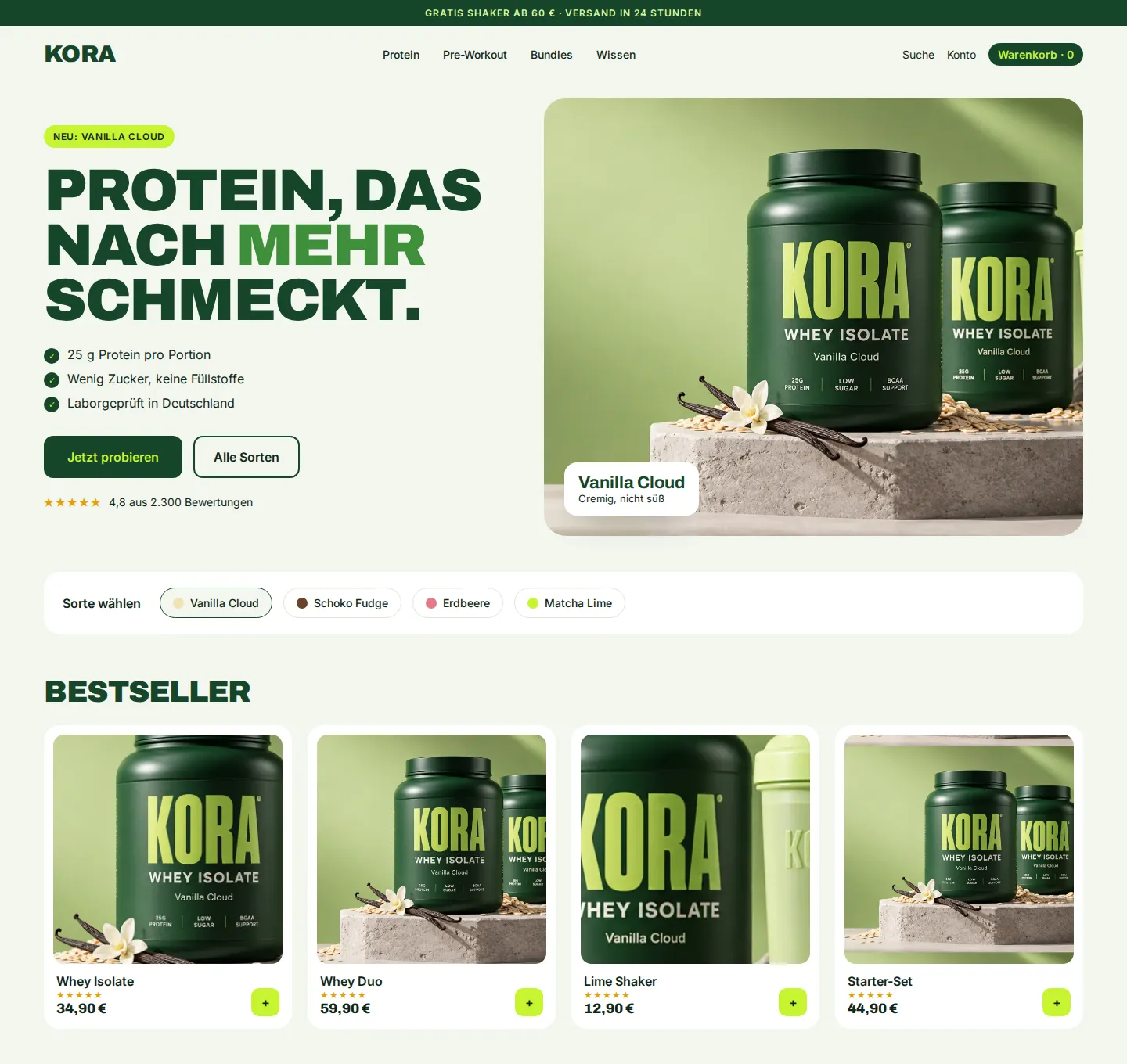 Designkonzept für die erfundene Marke KORA (Sporternährung): Startseite mit Hero und Bestsellern