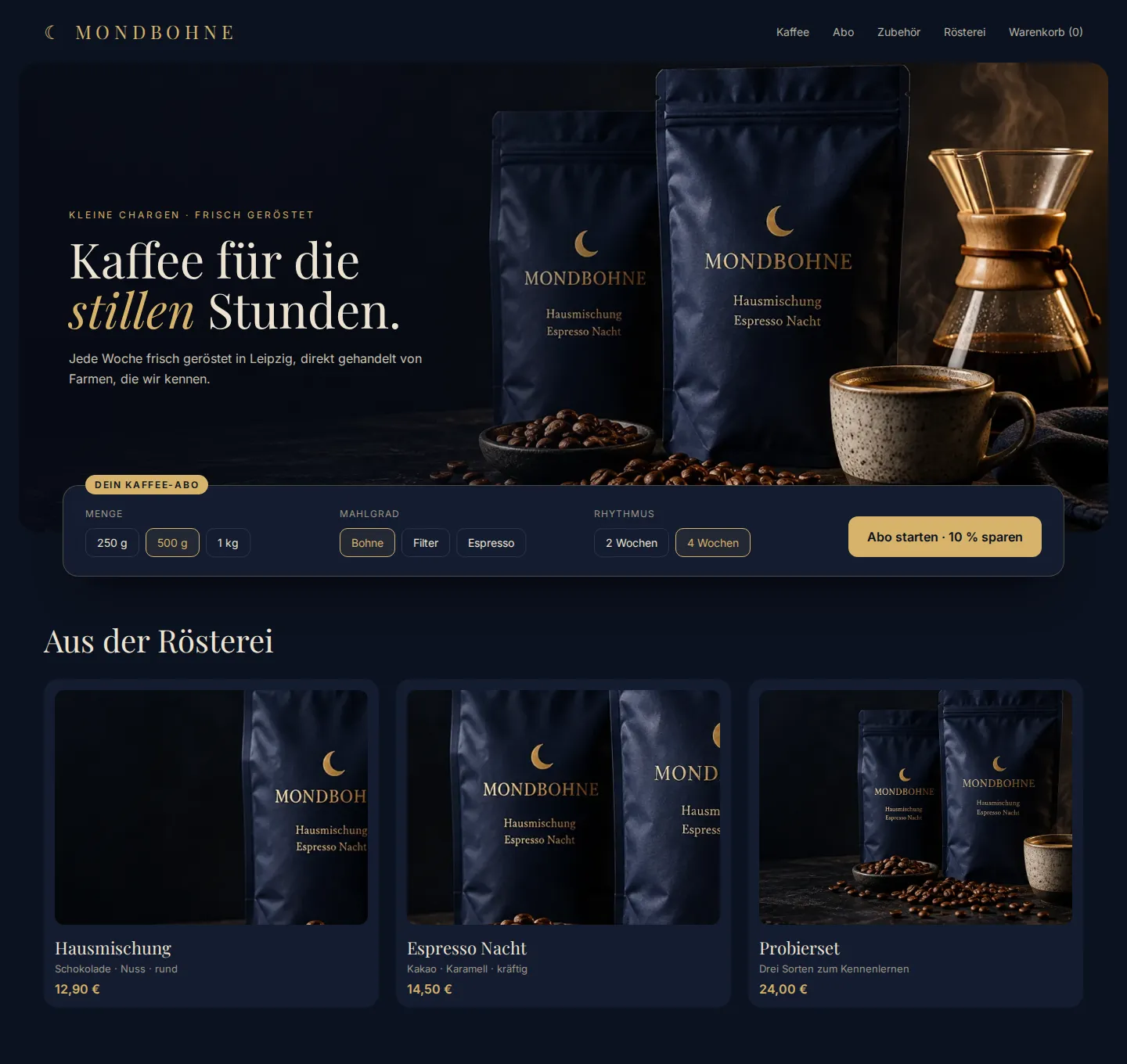 Designkonzept für die erfundene Marke Mondbohne (Kaffeerösterei): Startseite mit Hero und Bestsellern